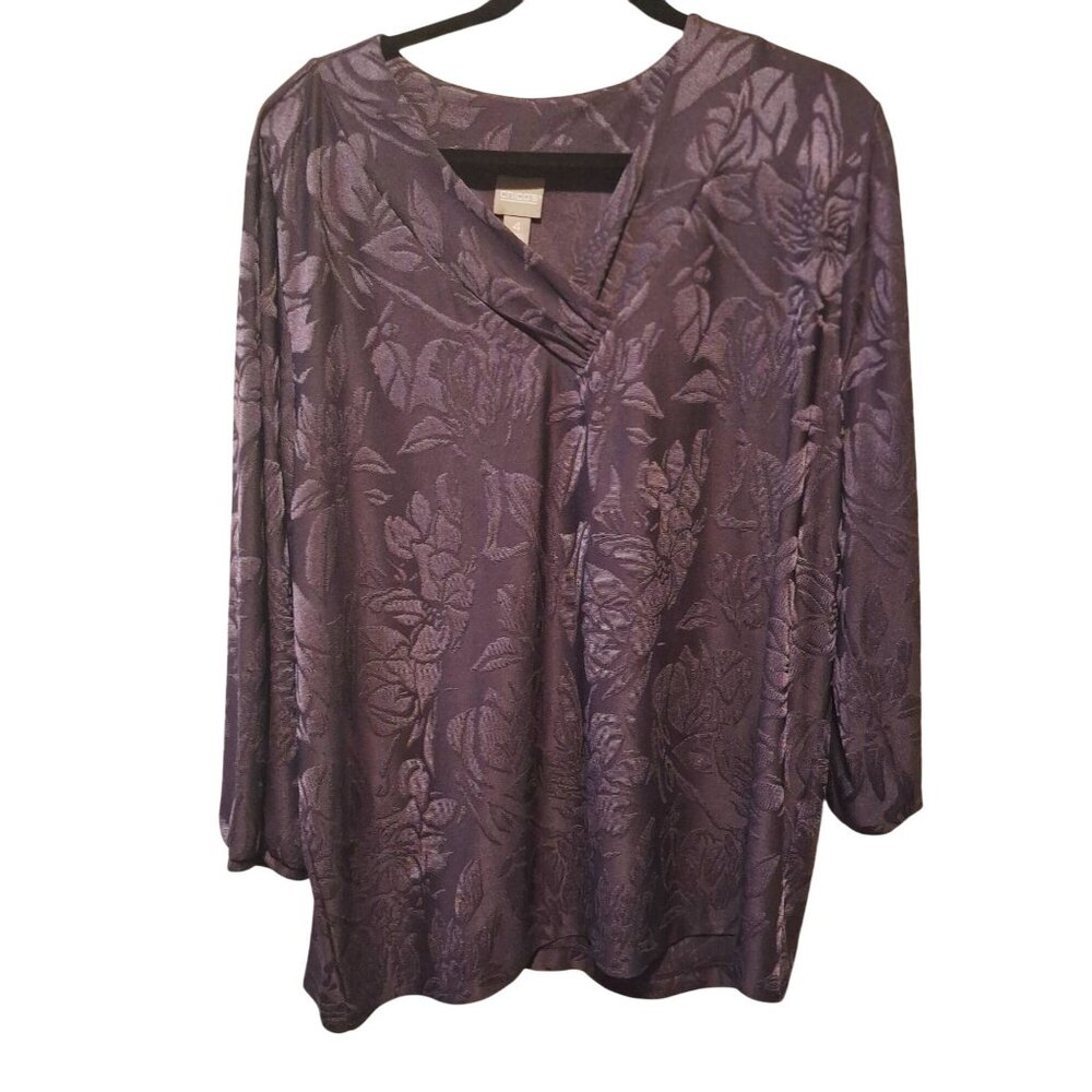 Chicos Floral Jacquard Top Size 4 Purple 3/4 Sleeve Polyester Spandex Artsy Work